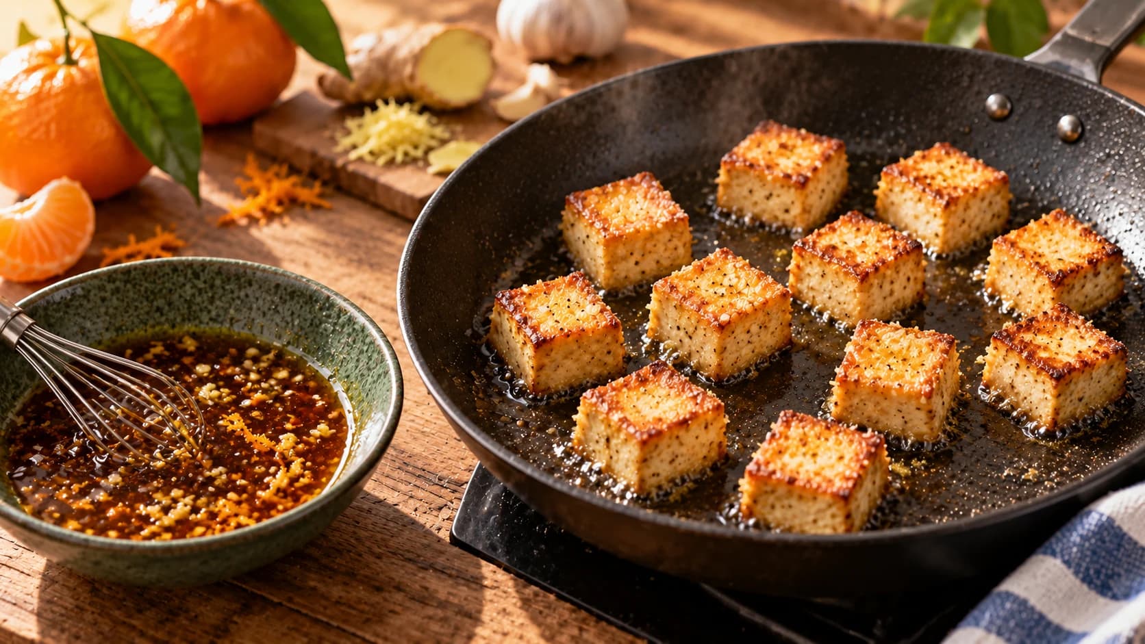 Cubes de tofu dorés à la poêle avec la sauce à la clémentine prête à être versée