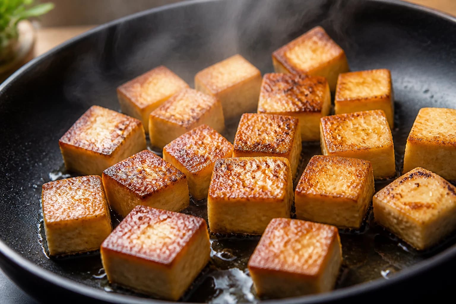 Cubes de tofu dorés et croustillants en train de cuire à la poêle dans l'huile de sésame