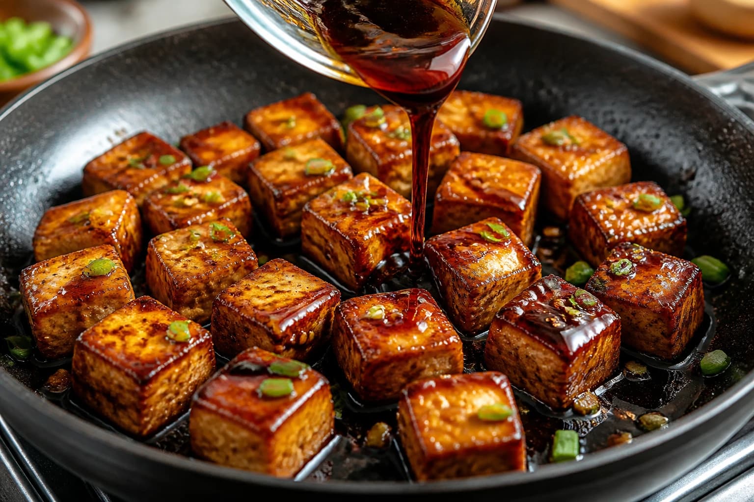 Sauce soja-érable qui nappe et laque les cubes de tofu brillants dans la poêle
