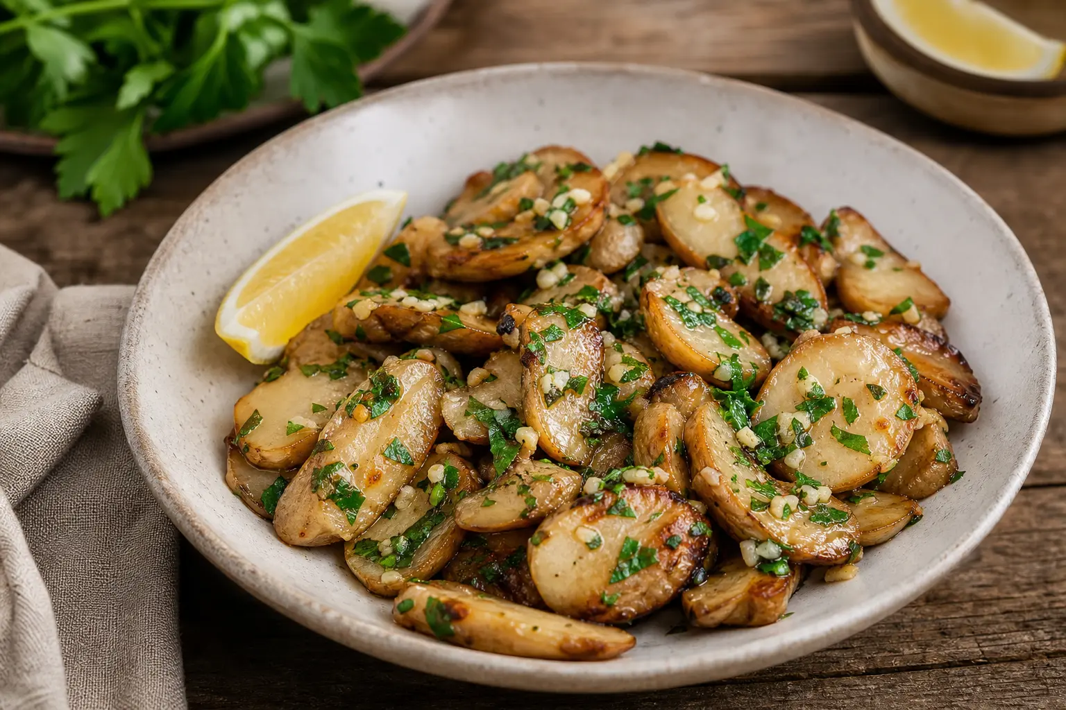 Terminer les topinambours dorés avec ail, persil et citron