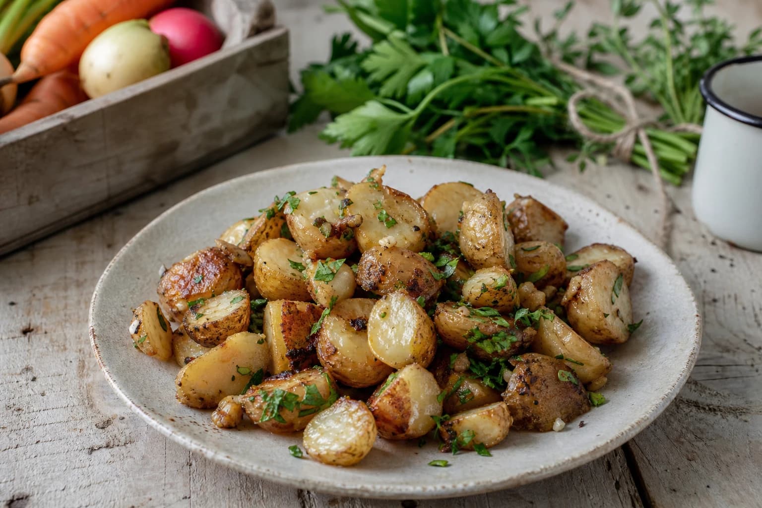 Topinambours poêlés à l’ail, dorés et fondants