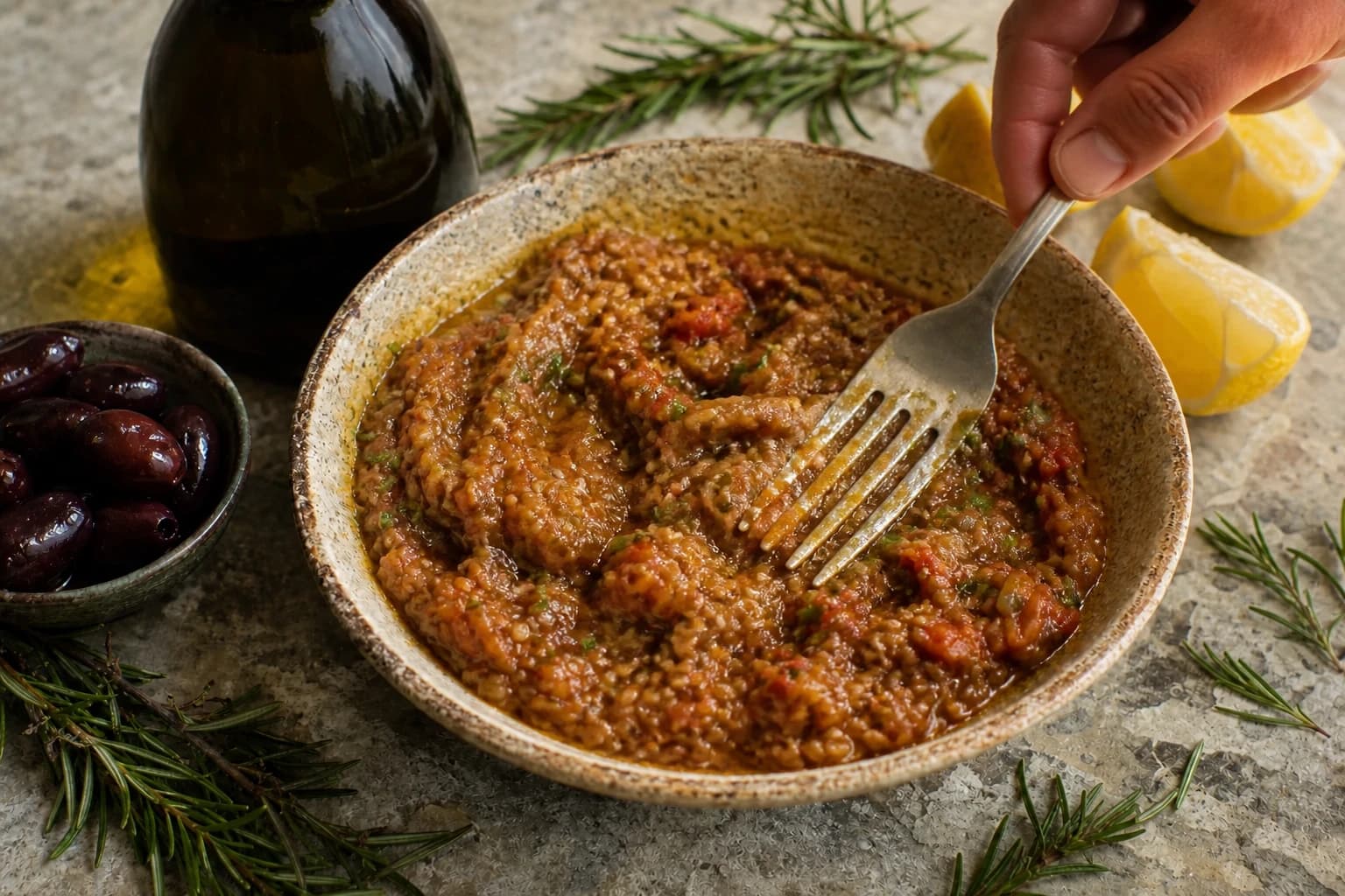 Zaalouk qui compote à la poêle, aubergines écrasées à la fourchette avec les épices