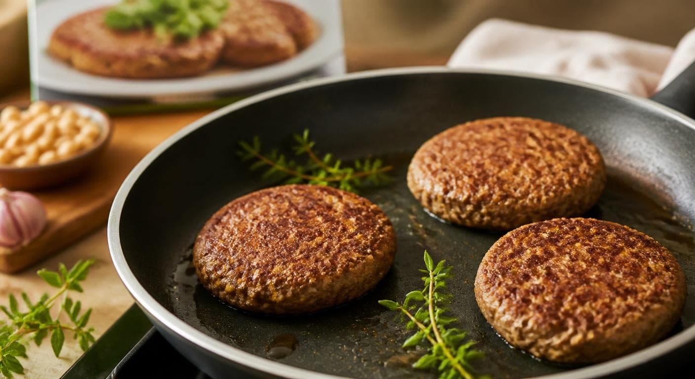 Steaks végétaux en cuisson dans une poêle