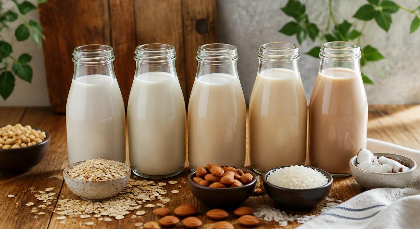 Bouteilles de laits végétaux alignées