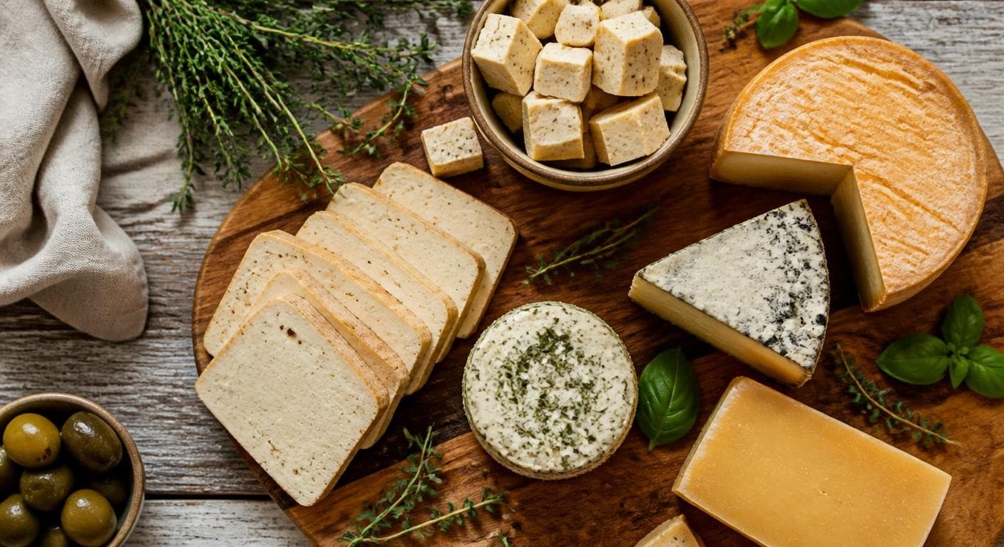 Tofu et fromages végétaux sur une planche