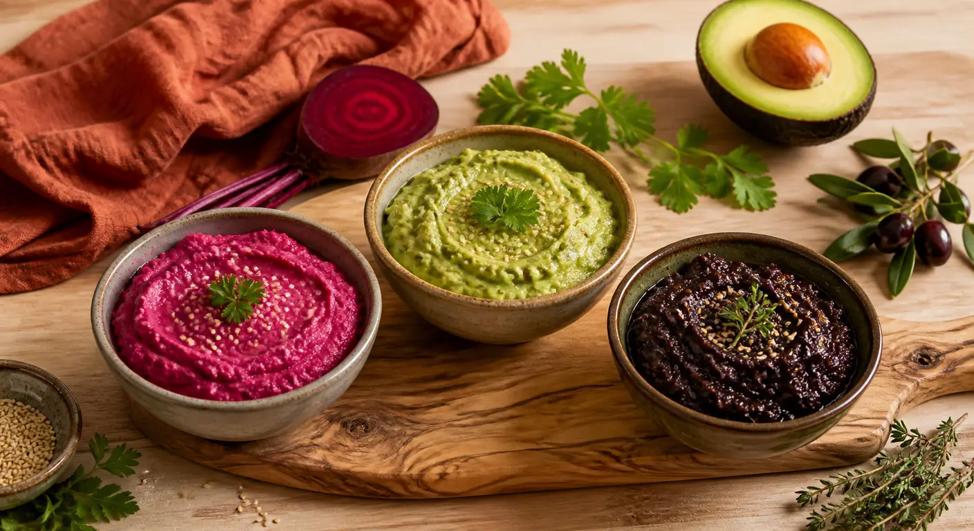 Trois tartinades vegan colorées en bol pour l'apéro