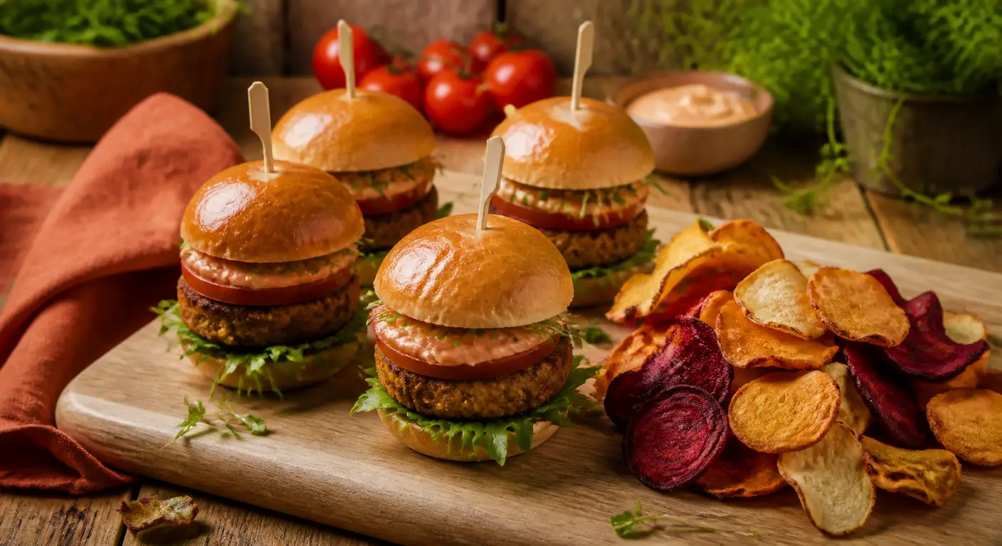 Mini-burgers vegan et chips de légumes pour l'apéro dînatoire