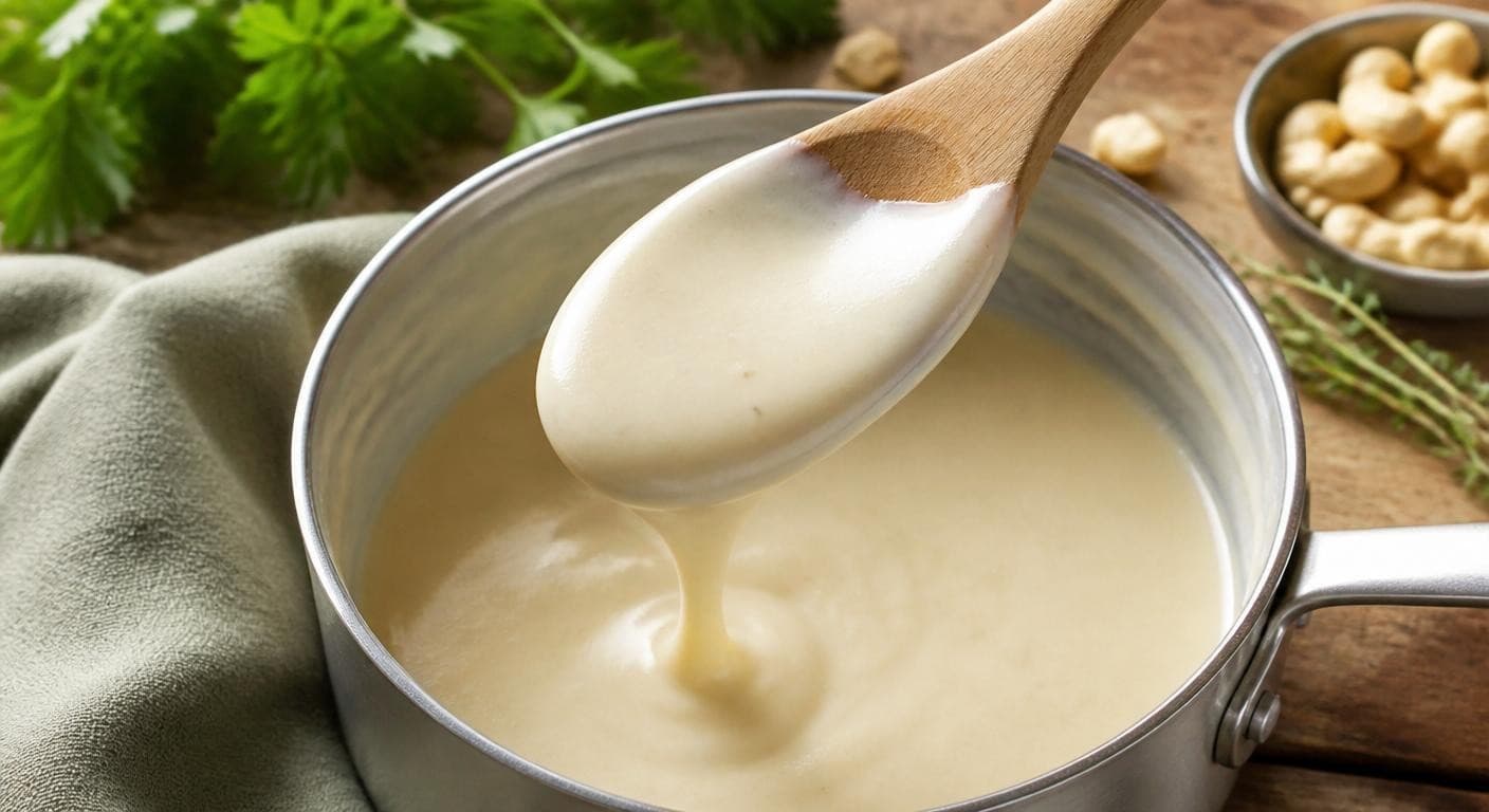 Béchamel végétale onctueuse nappant une cuillère en bois
