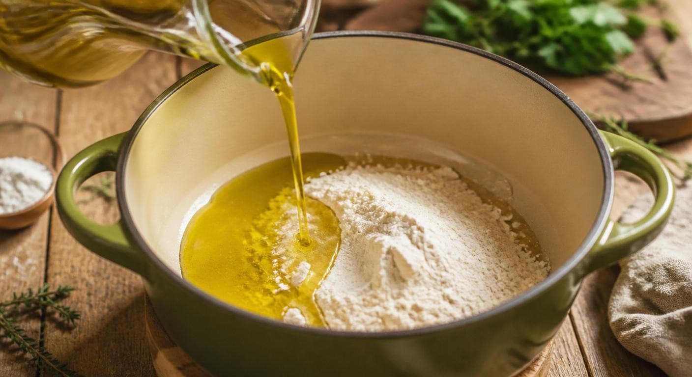 Réalisation d'un roux à l'huile d'olive pour béchamel végétale
