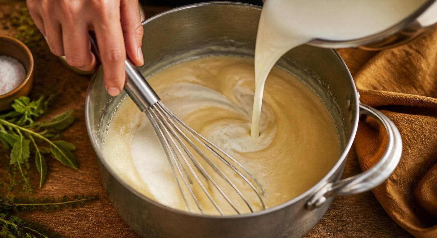 Incorporation du lait végétal au fouet dans le roux