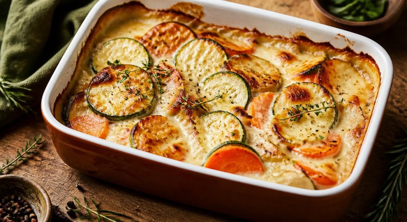 Gratin de légumes nappé de béchamel végétale doré au four