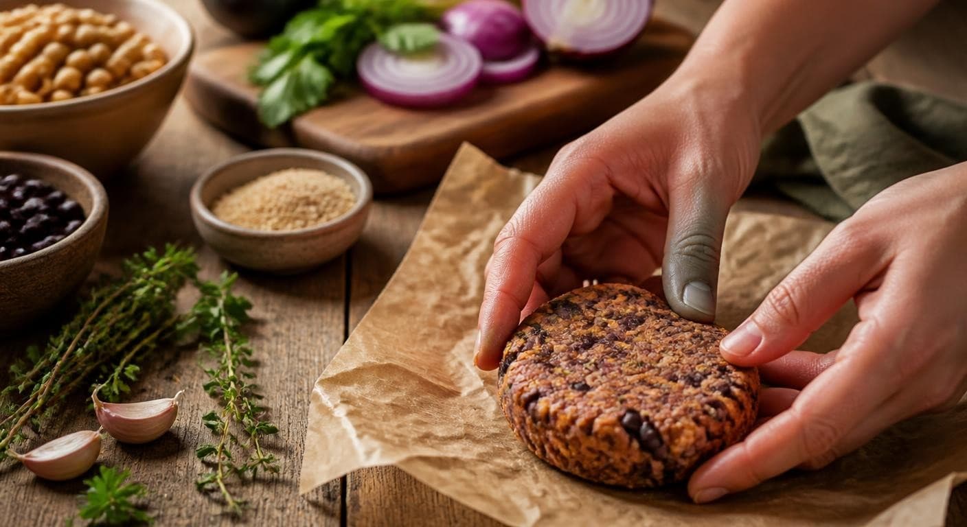 Mains façonnant une galette de burger vegan