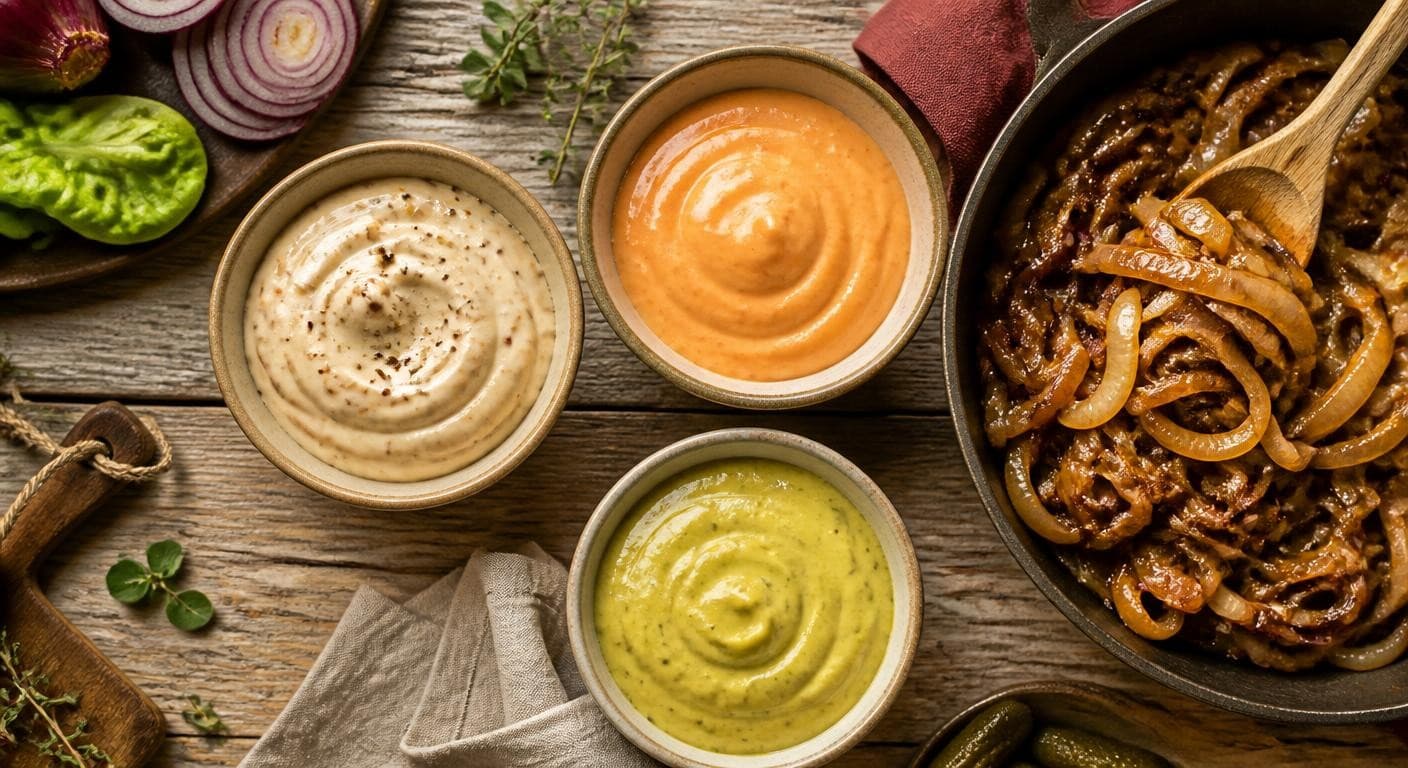 Trois sauces vegan et oignons caramélisés pour burger