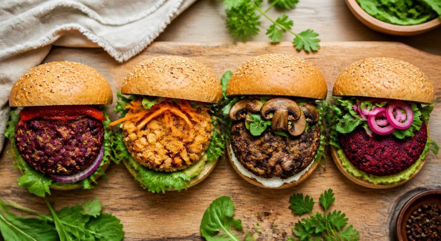 Quatre variantes de burgers vegan alignées