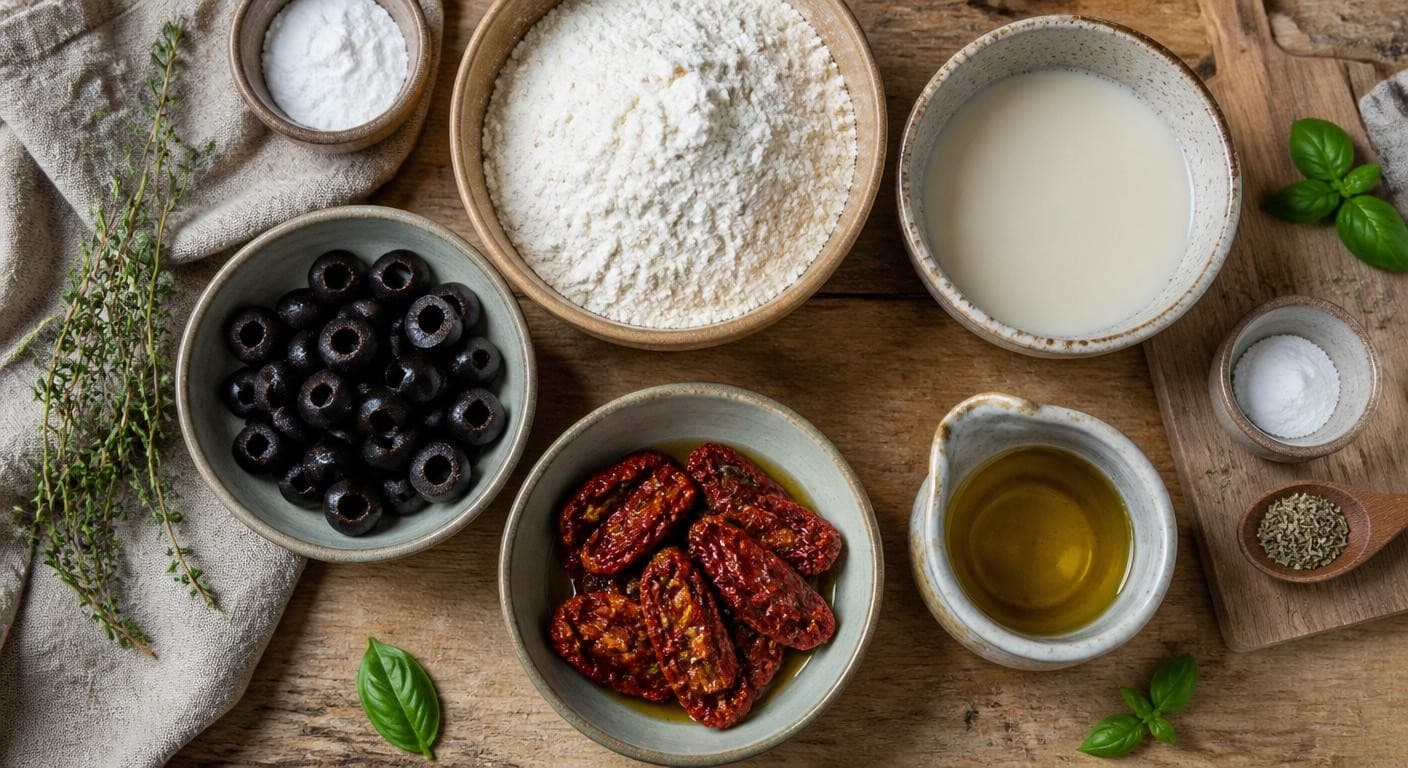 Ingrédients d'un cake salé vegan aux olives et tomates séchées