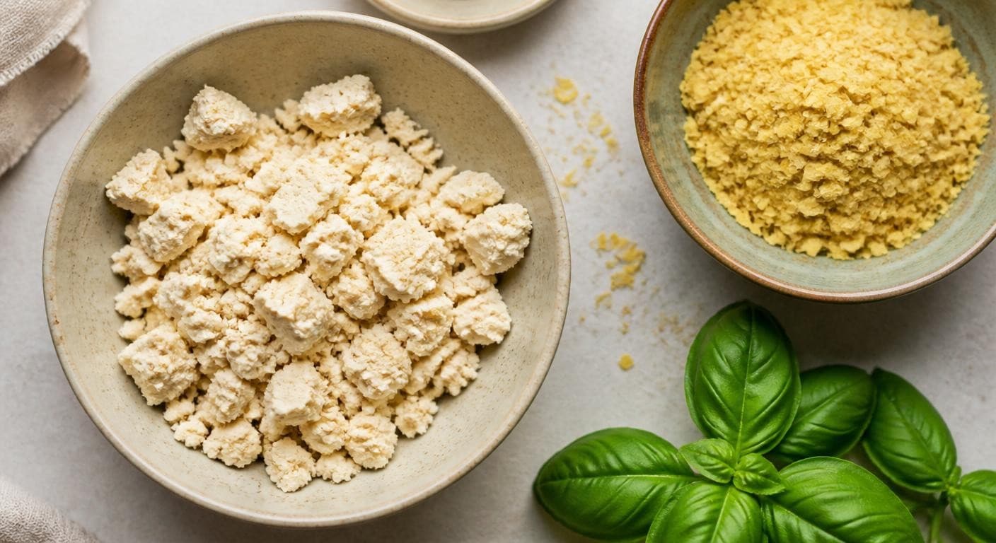 Tofu lactofermenté et levure maltée, substituts de fromage pour cake salé vegan