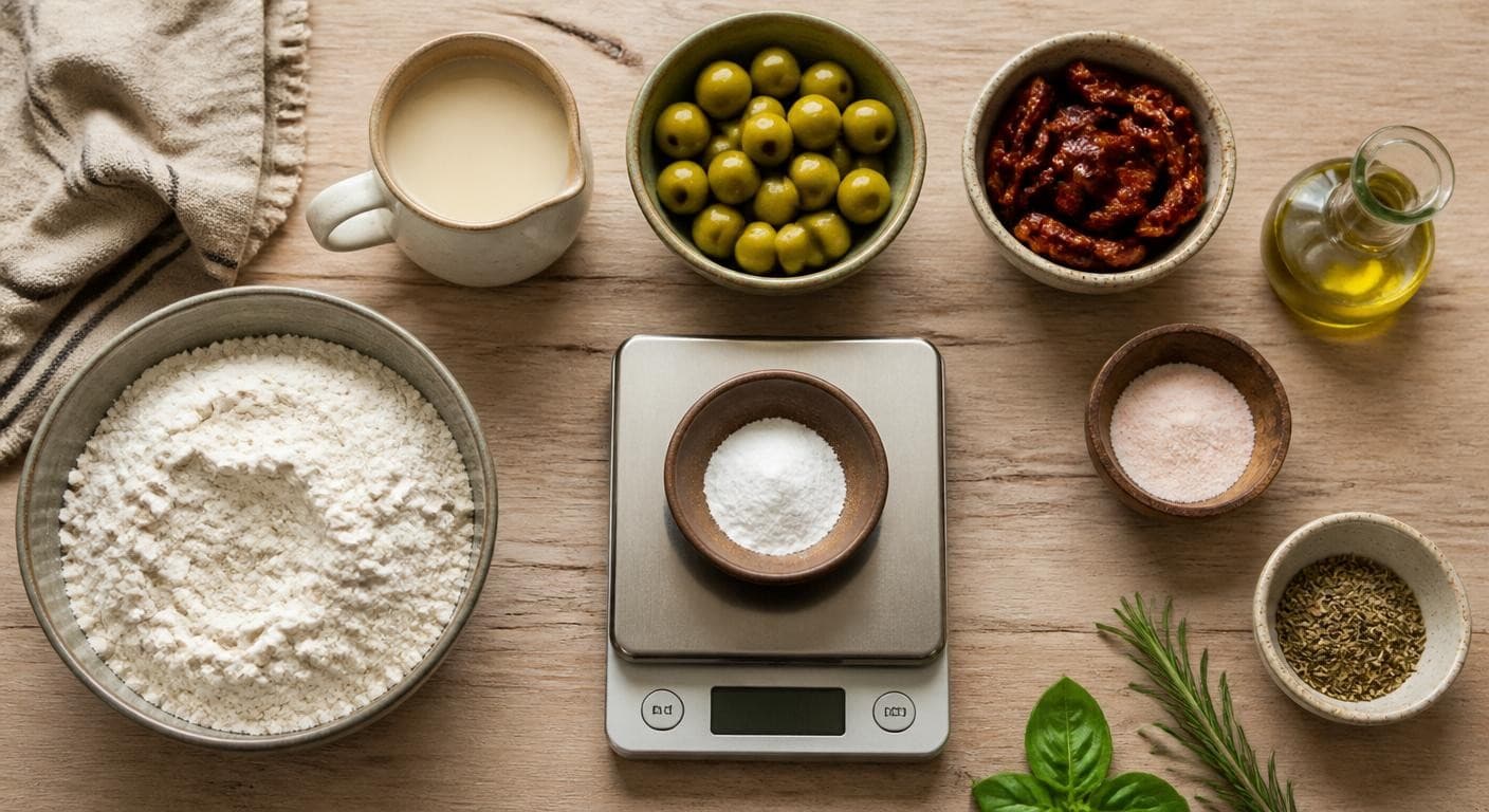 Mise en place des ingrédients pour cake salé vegan aux olives et tomates séchées
