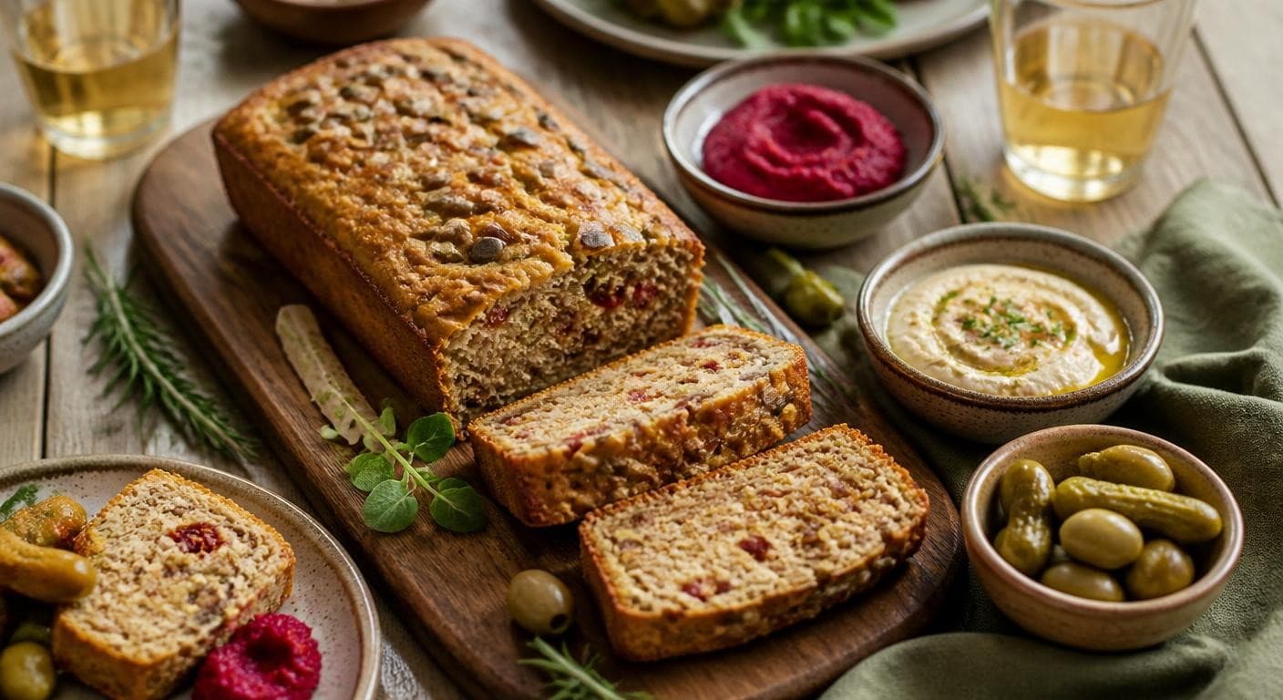 Cake salé vegan servi à l'apéritif