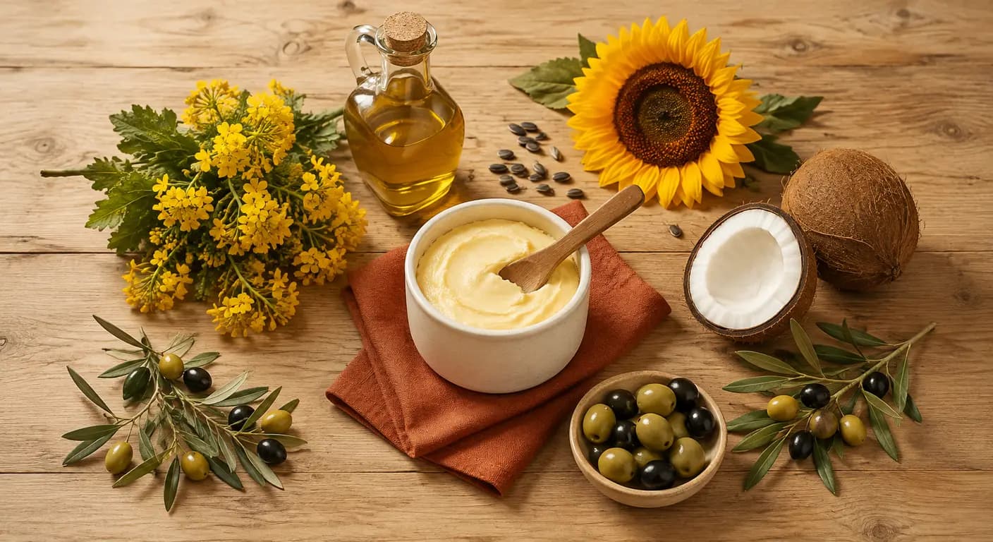Différentes sources d'huiles végétales disposées autour d'un pot de margarine