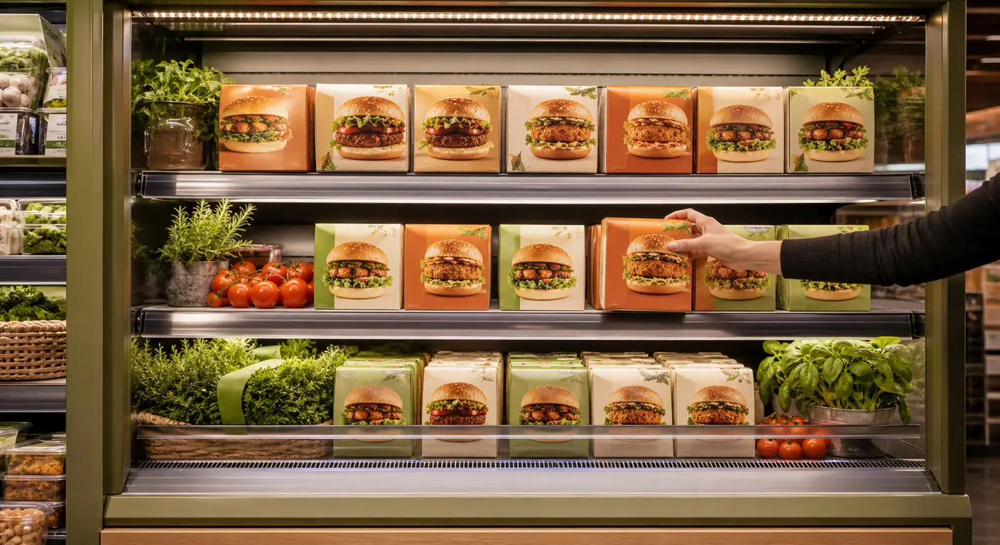 Rayon de burgers végétaux en supermarché