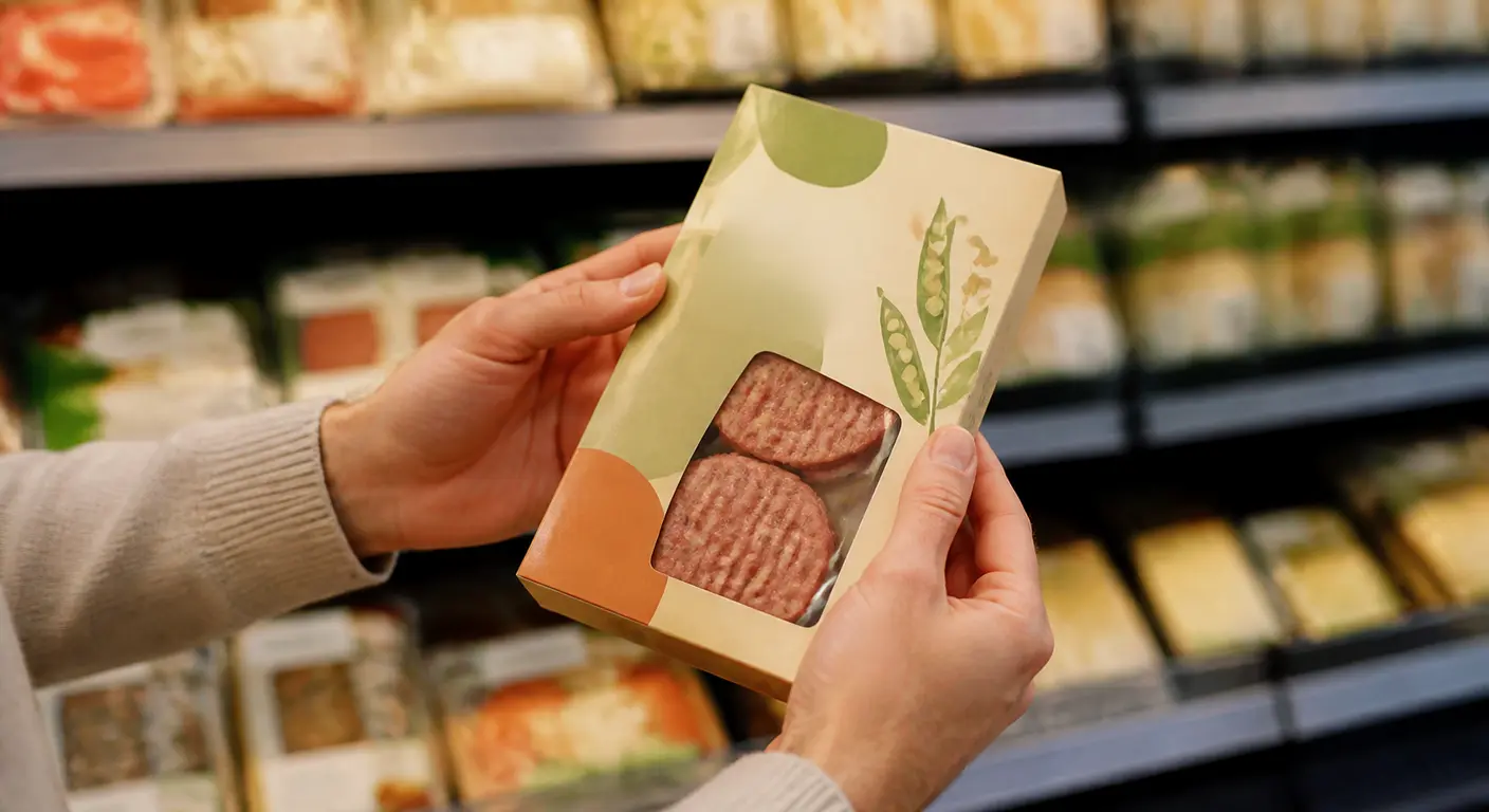 Lecture d'une étiquette de steak végétal au rayon