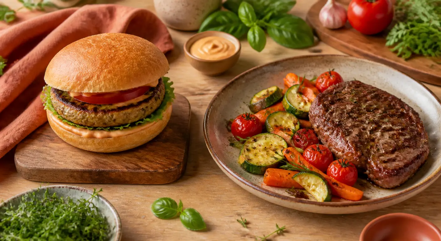 Un burger végétal et une assiette avec steak et légumes
