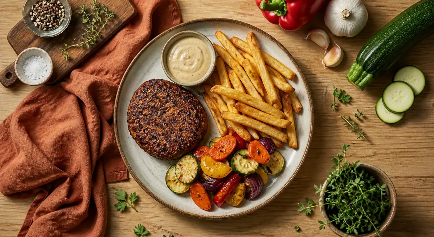 Steak végétal servi avec sauce maison et légumes rôtis