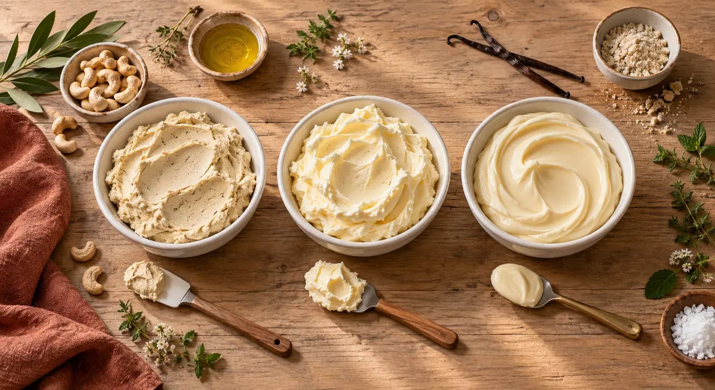 Les trois textures de crème au beurre végétale côte à côte