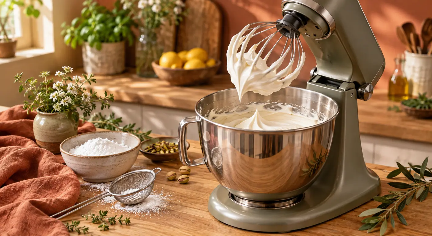 Crème au beurre végétale blanchie au fouet, sucre glace tamisé à côté