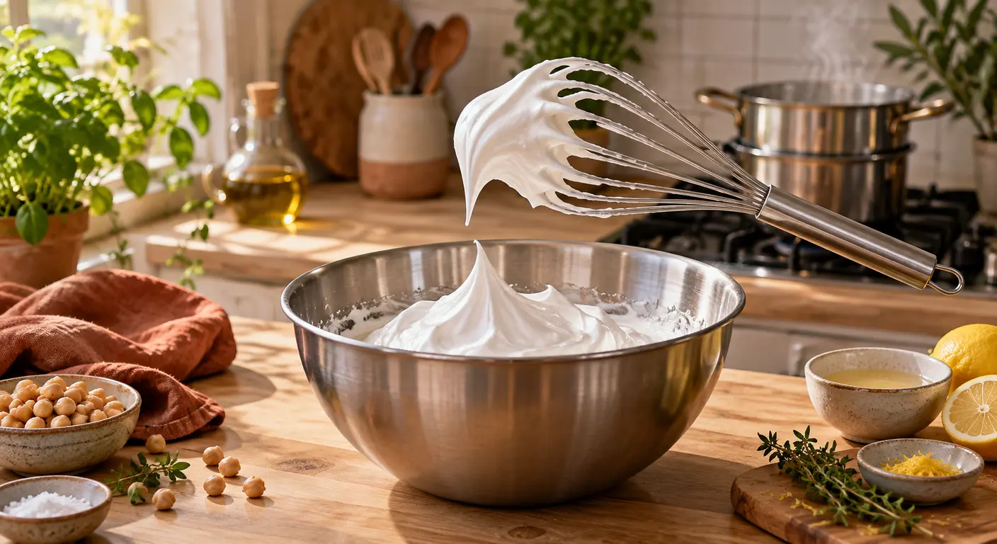 Meringue d'aquafaba au bec ferme sur le fouet
