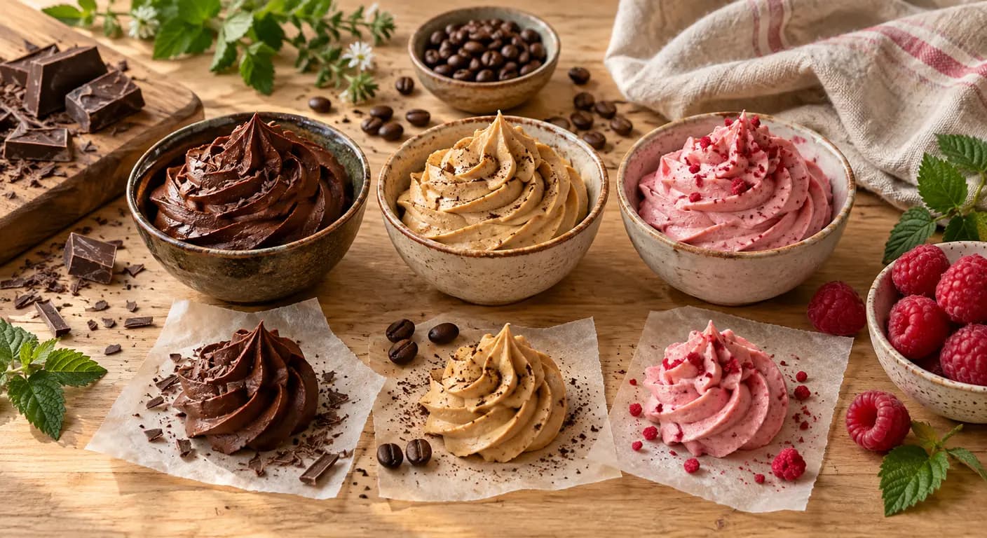 Trois crèmes au beurre végétales parfumées, pochées en rosaces