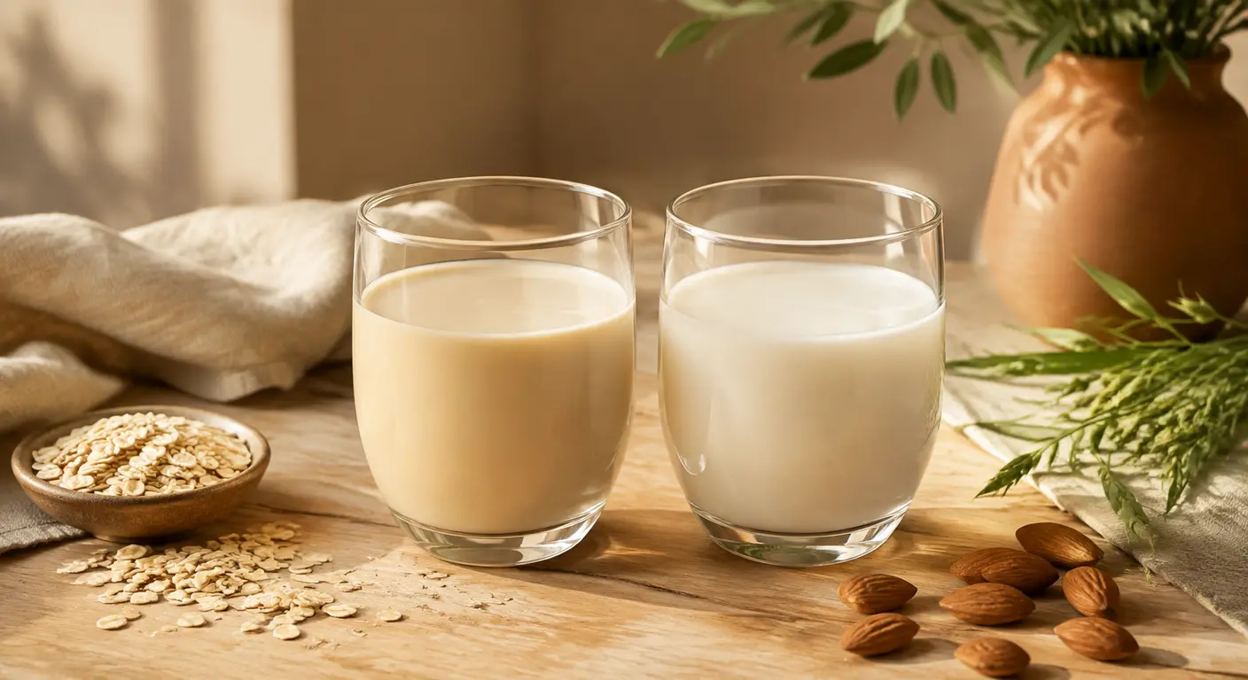 Un verre de lait d'avoine à côté d'un verre de lait d'amande