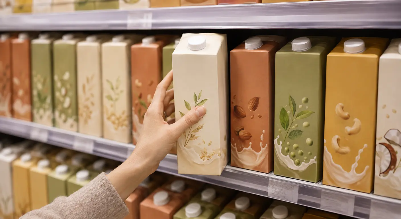 Main choisissant une brique de boisson végétale au supermarché