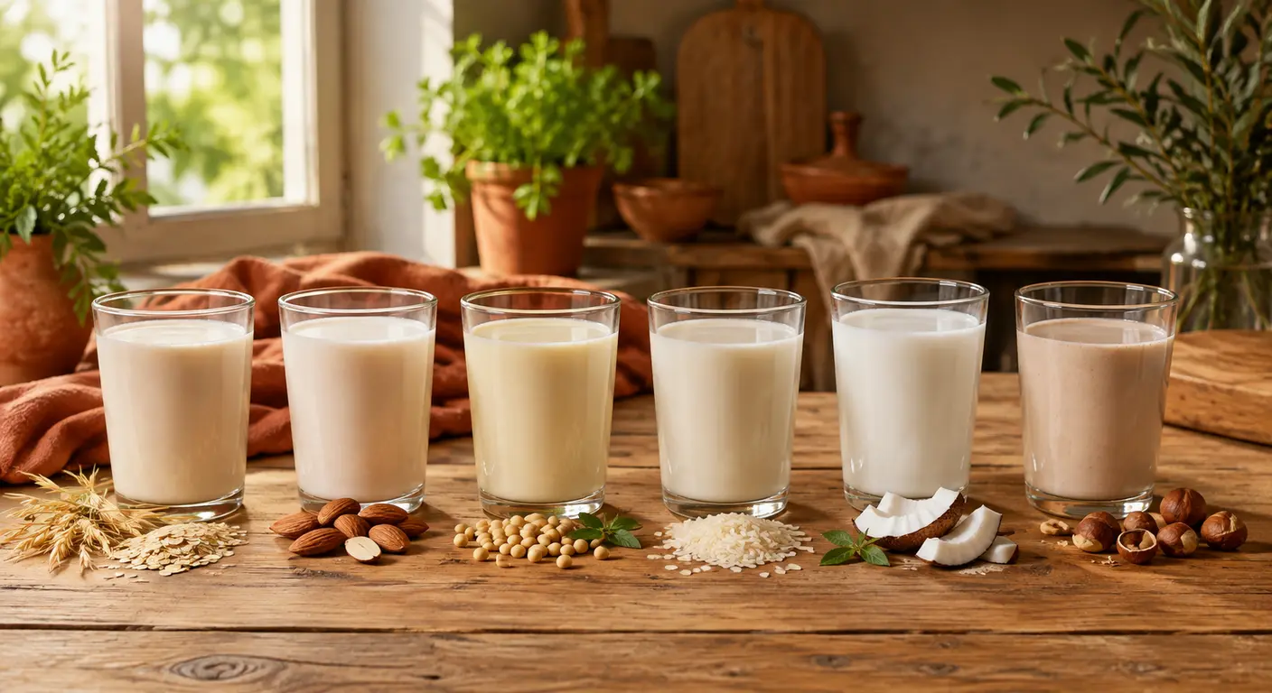 Six verres de laits végétaux différents alignés