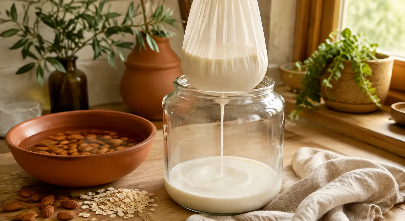 Lait végétal maison filtré au sac à lait dans un bocal