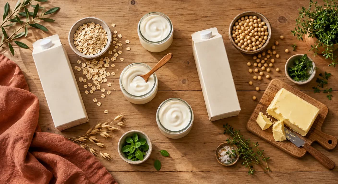 Alternatives végétales du rayon frais posées sur une table