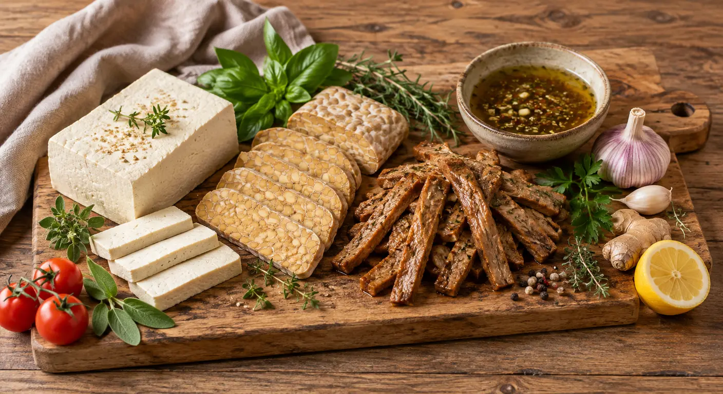 Tofu, tempeh et seitan présentés sur une planche