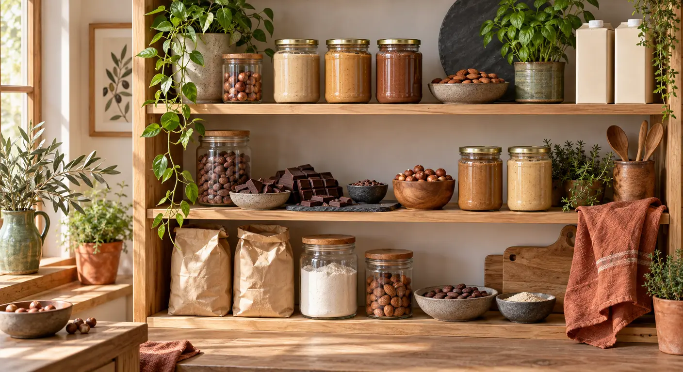 Étagère de placard avec purées d'oléagineux, chocolat et crèmes végétales