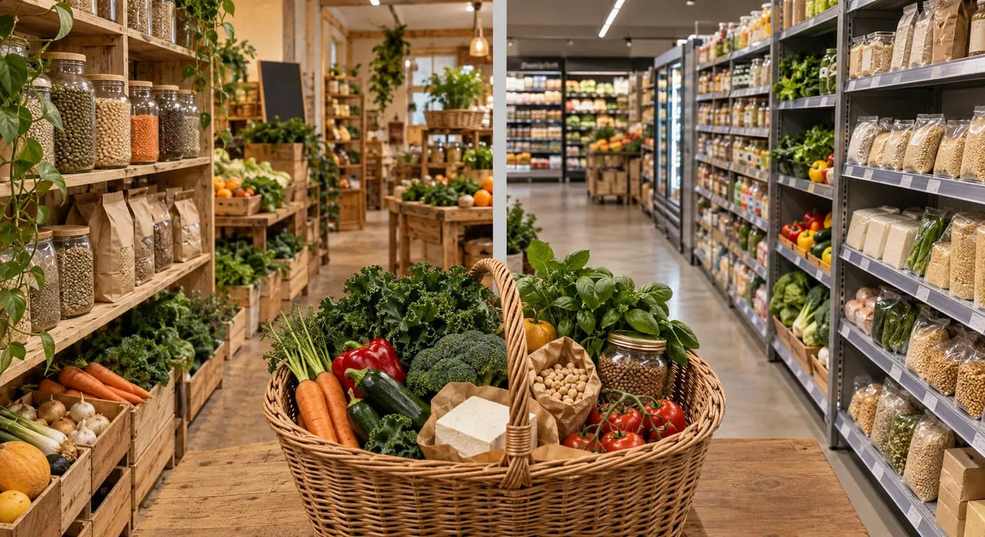 Rayon de magasin bio et linéaire de supermarché comparés