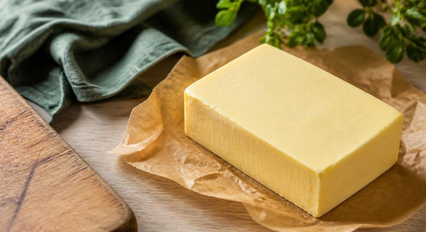 Bloc de beurre végétal de pâtisserie sur papier cuisson