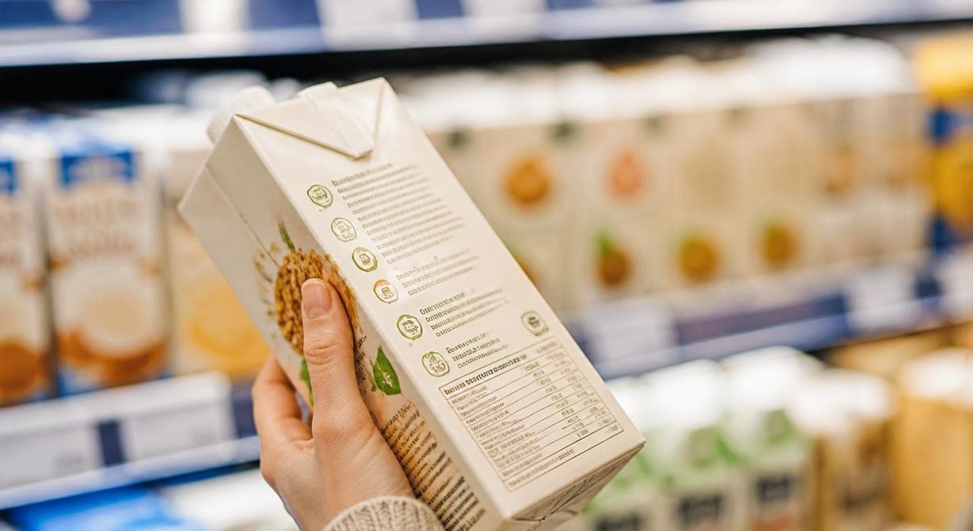 Lecture de l'étiquette d'une crème végétale en magasin