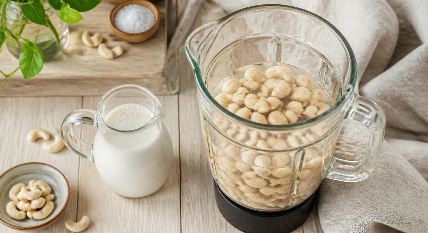 Préparation maison d'une crème végétale de cajou au blender