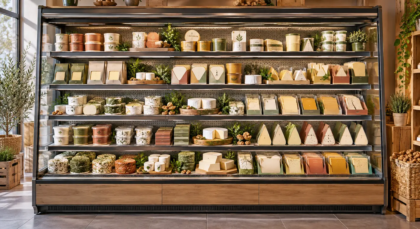 Rayon frais de supermarché avec des fromages végétaux