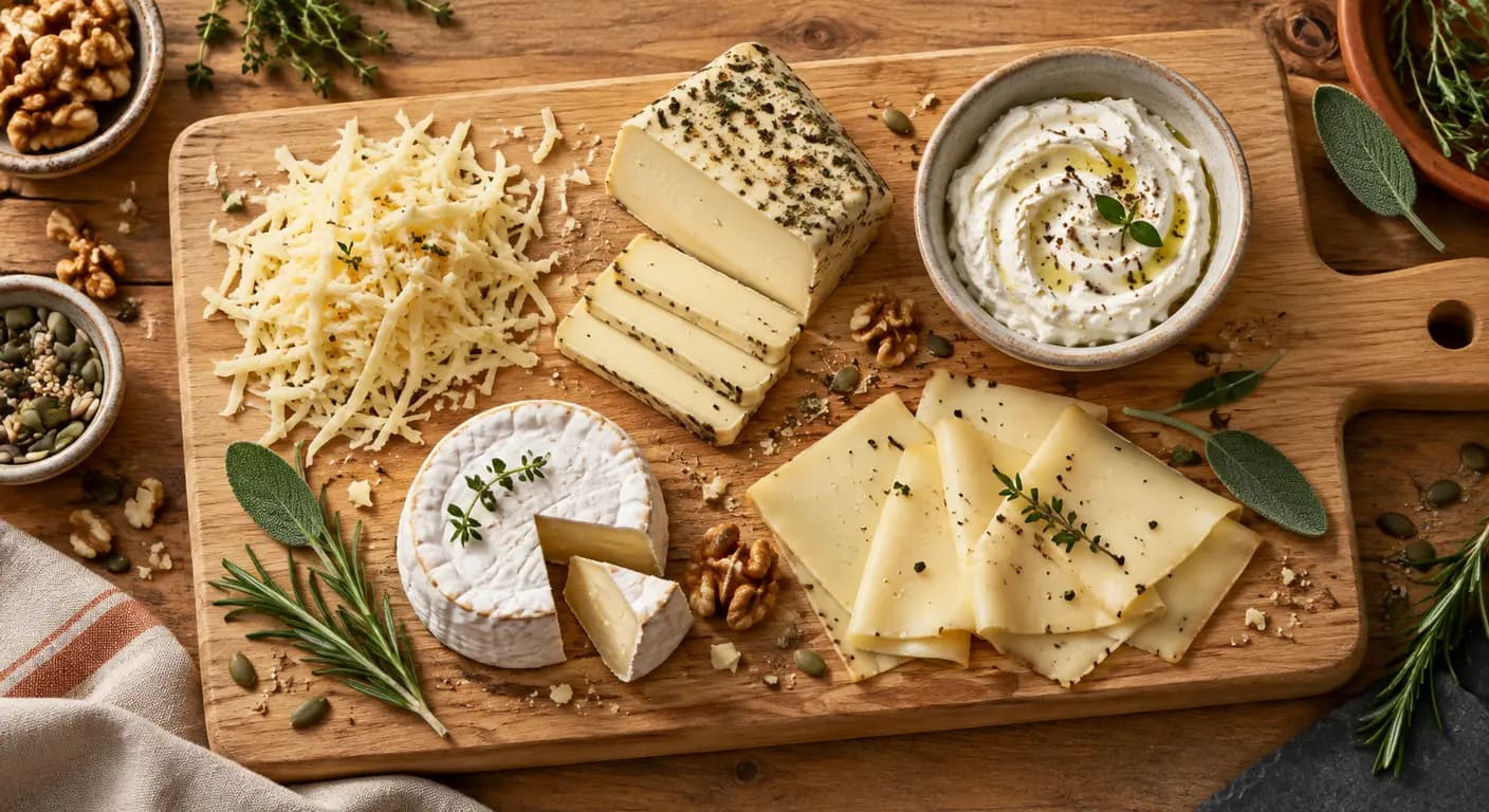 Cinq familles de fromages végétaux disposées sur une planche