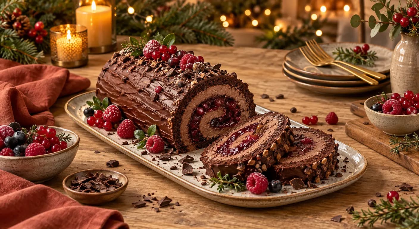 Bûche de Noël végétale au chocolat tranchée, spirale nette et insert visible