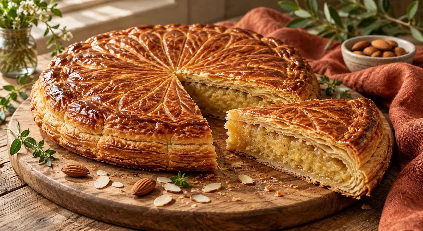 Coupe d'une galette des rois végétale garnie de frangipane