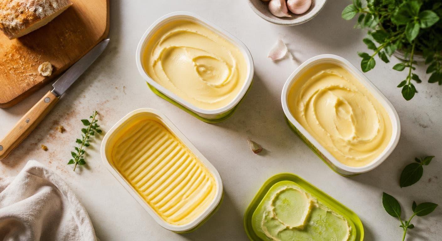 Plusieurs pots de margarine végétale ouverts sur un plan de travail