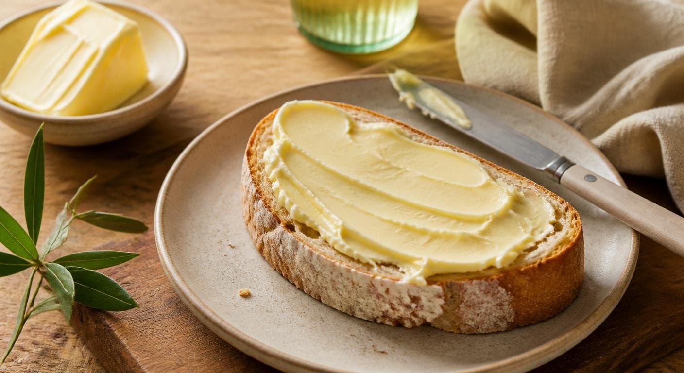 Tartine de margarine végétale dorée au petit-déjeuner