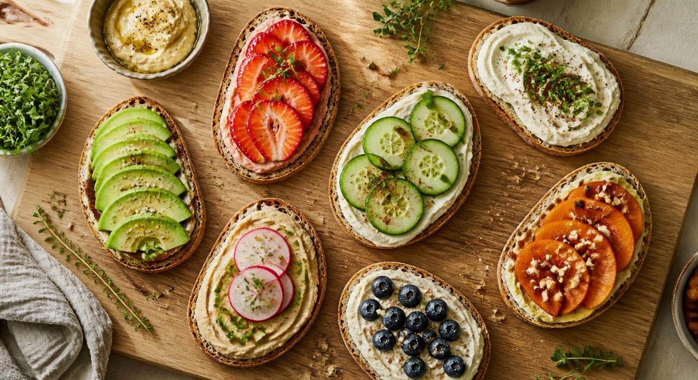 Différentes tartines avec margarine végétale, versions sucrées et salées