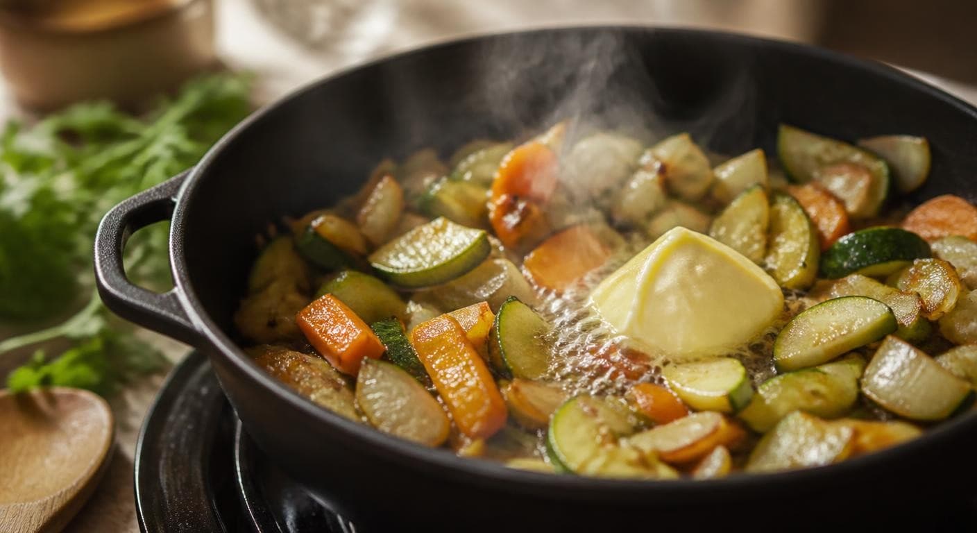 Margarine végétale fondant dans une poêle avec des légumes